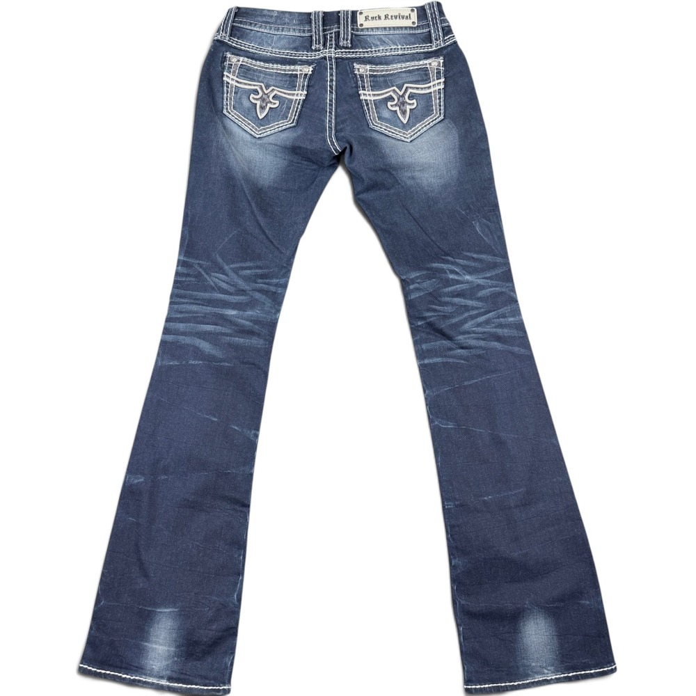 Rock Revival Jacklyn Bootcut Jeans Dark Wash Sequin Fleur De Lis Size 28 B37